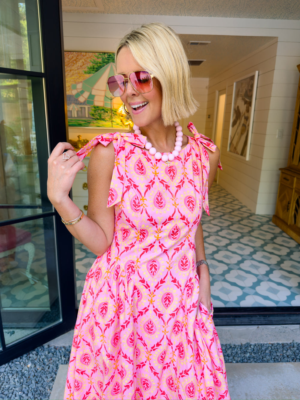 HAVE FAITH IN ME FLORAL MEDALLION BOW STRAP MIDI DRESS - PINK