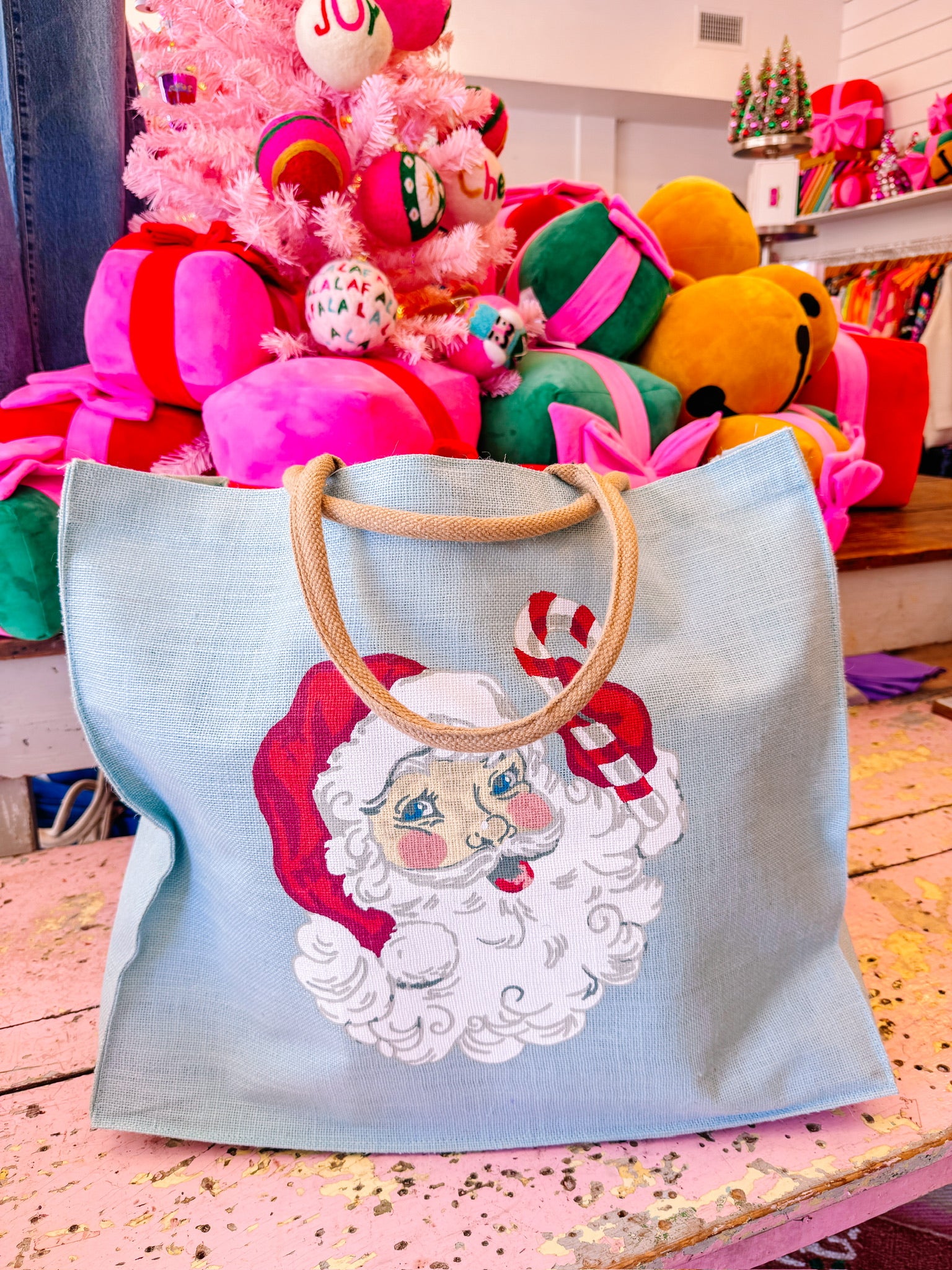 CANDY CANE SANTA CARRYALL TOTE - BLUE 22x19x8