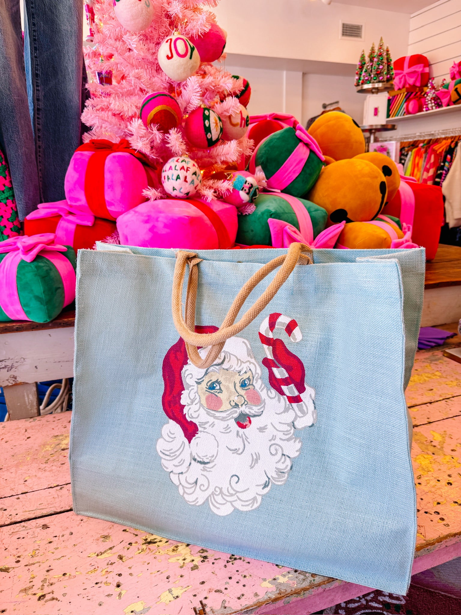 CANDY CANE SANTA CARRYALL TOTE - BLUE 22x19x8