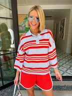 GO YOUR OWN WAY STRIPE COLLARED CASHMERE BLEND KNIT TOP - LIGHT BLUE/RED