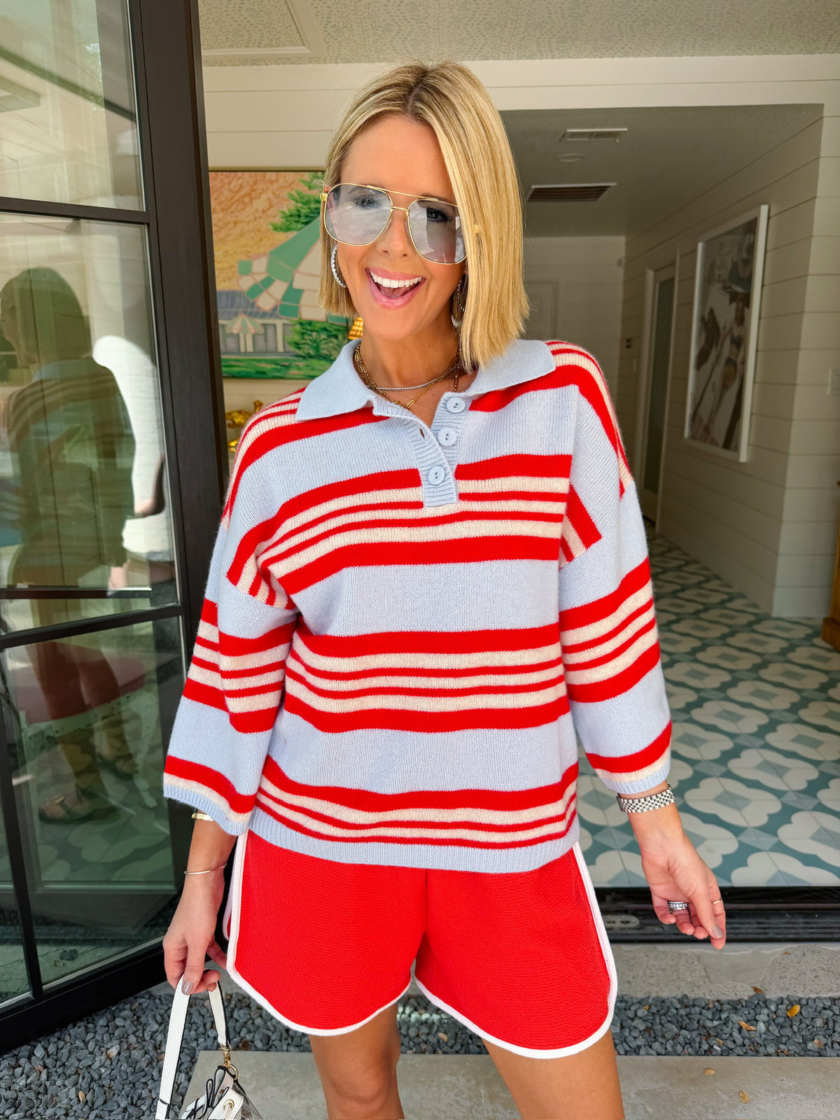 GO YOUR OWN WAY STRIPE COLLARED CASHMERE BLEND KNIT TOP - LIGHT BLUE/RED