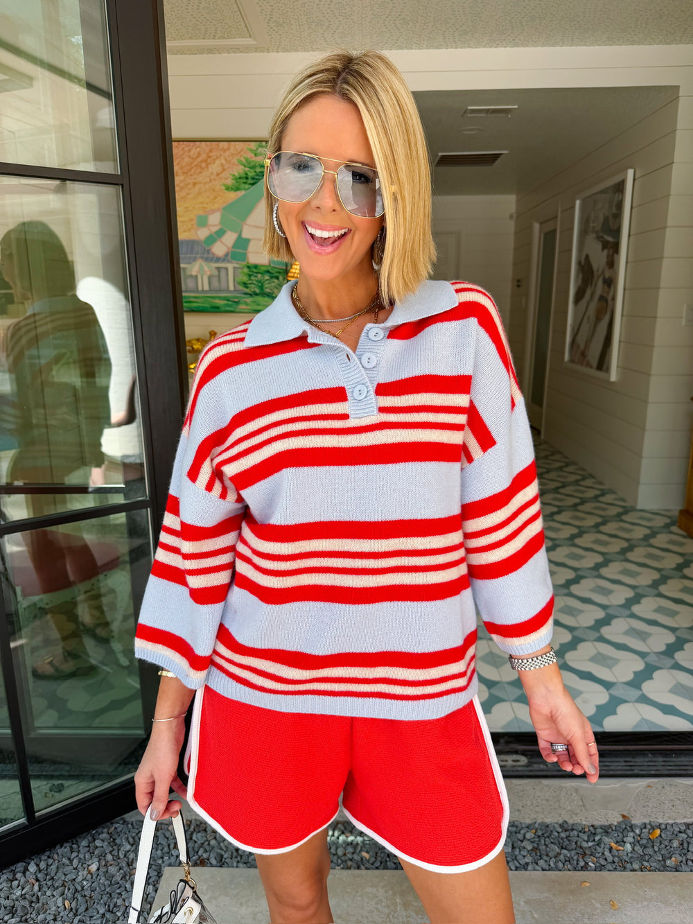 GO YOUR OWN WAY STRIPE COLLARED CASHMERE BLEND KNIT TOP - LIGHT BLUE/RED