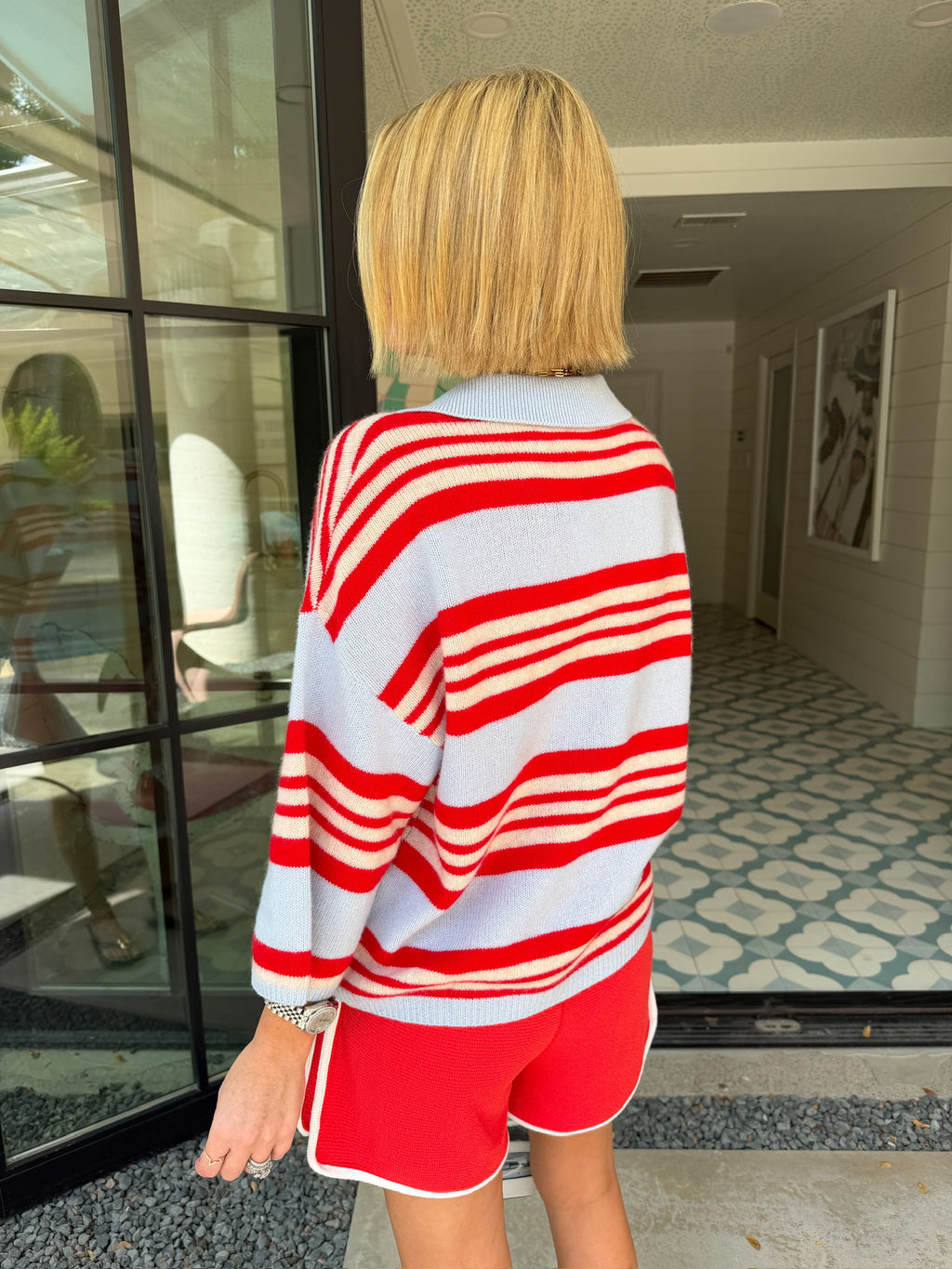 GO YOUR OWN WAY STRIPE COLLARED CASHMERE BLEND KNIT TOP - LIGHT BLUE/RED