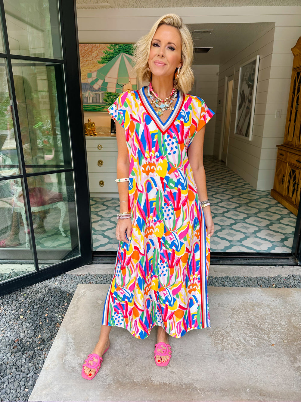 ESCAPE THE DAY COLORFUL STRIPE TRIM MIDI DRESS