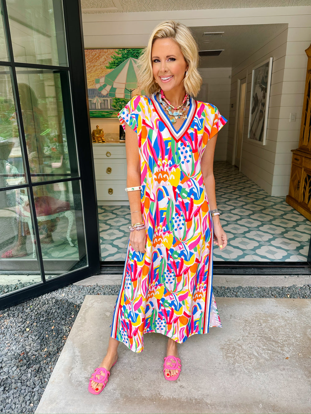 ESCAPE THE DAY COLORFUL STRIPE TRIM MIDI DRESS