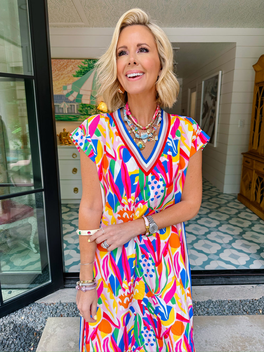 ESCAPE THE DAY COLORFUL STRIPE TRIM MIDI DRESS