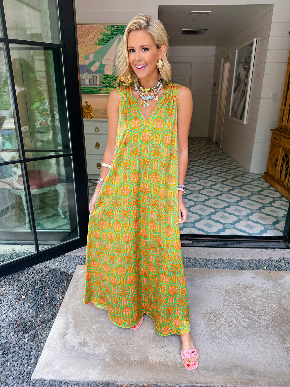 JOLENE PALMETTO RUCHED STRAP MAXI DRESS - GREEN