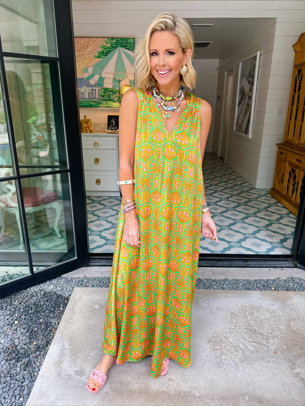 JOLENE PALMETTO RUCHED STRAP MAXI DRESS - GREEN