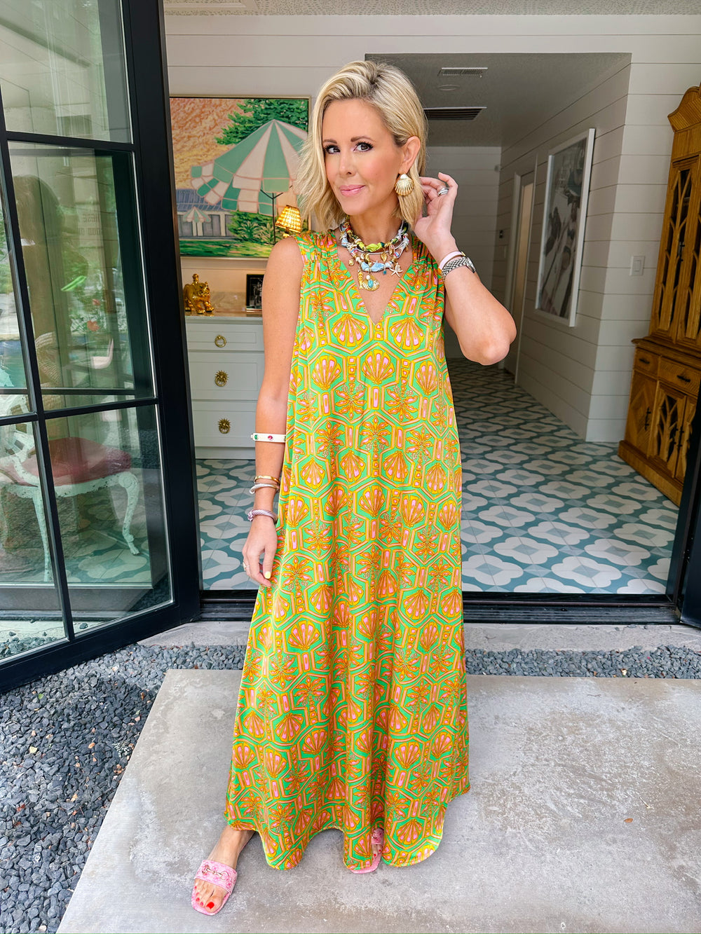 JOLENE PALMETTO RUCHED STRAP MAXI DRESS - GREEN