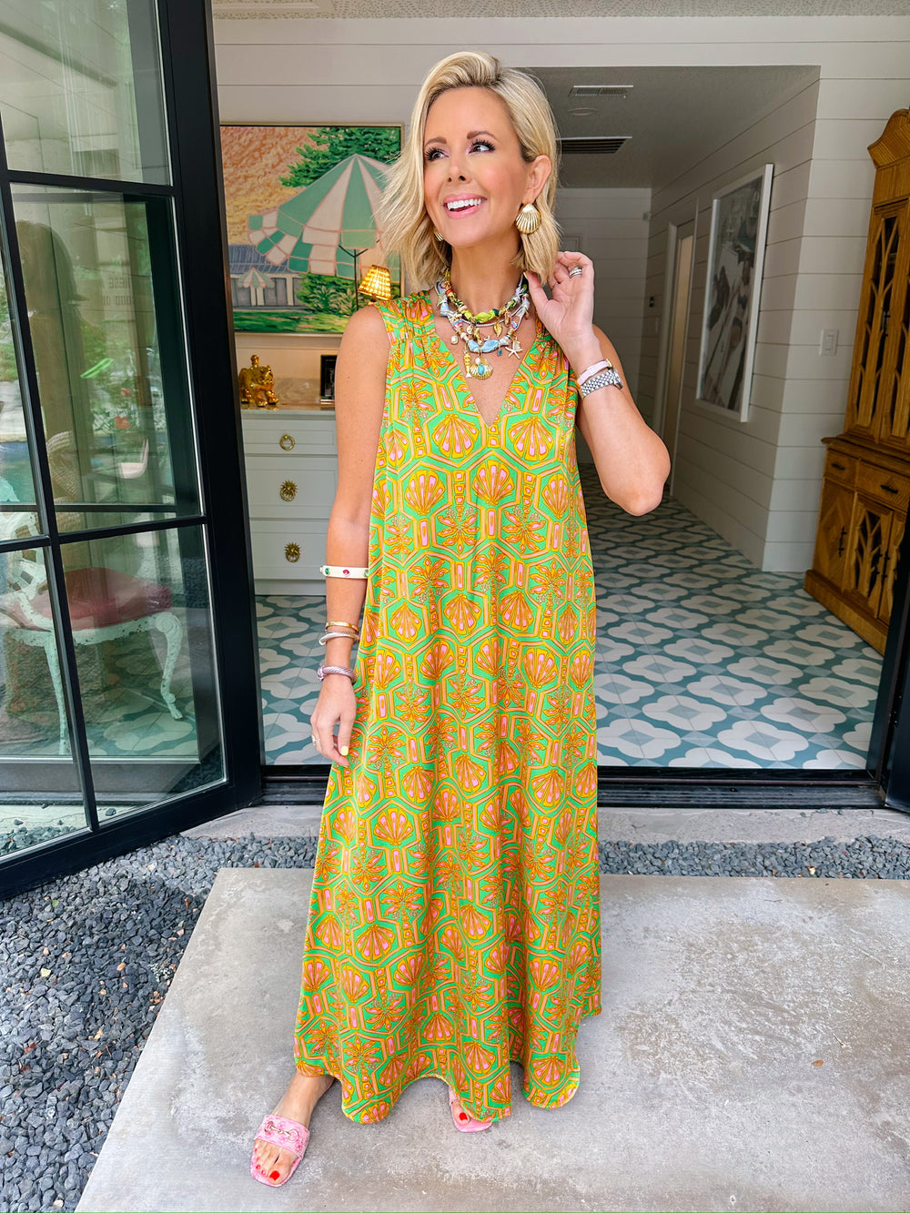 JOLENE PALMETTO RUCHED STRAP MAXI DRESS - GREEN