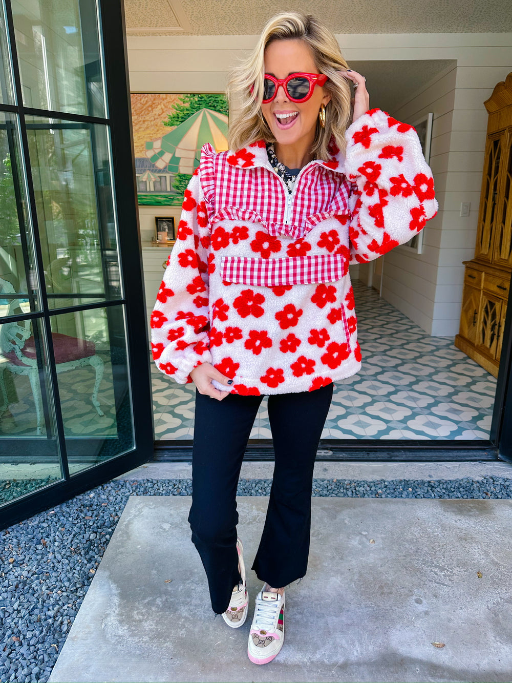 MEADOW MIX GINGHAM QUARTER ZIP JACKET - WHITE/RED