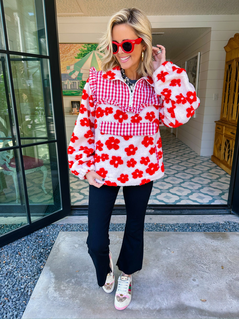 MEADOW MIX GINGHAM QUARTER ZIP JACKET - WHITE/RED