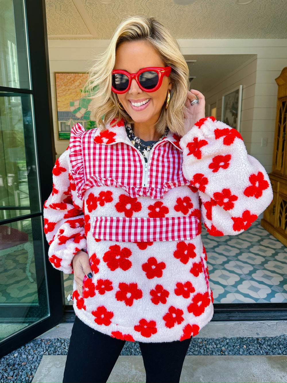 MEADOW MIX GINGHAM QUARTER ZIP JACKET - WHITE/RED