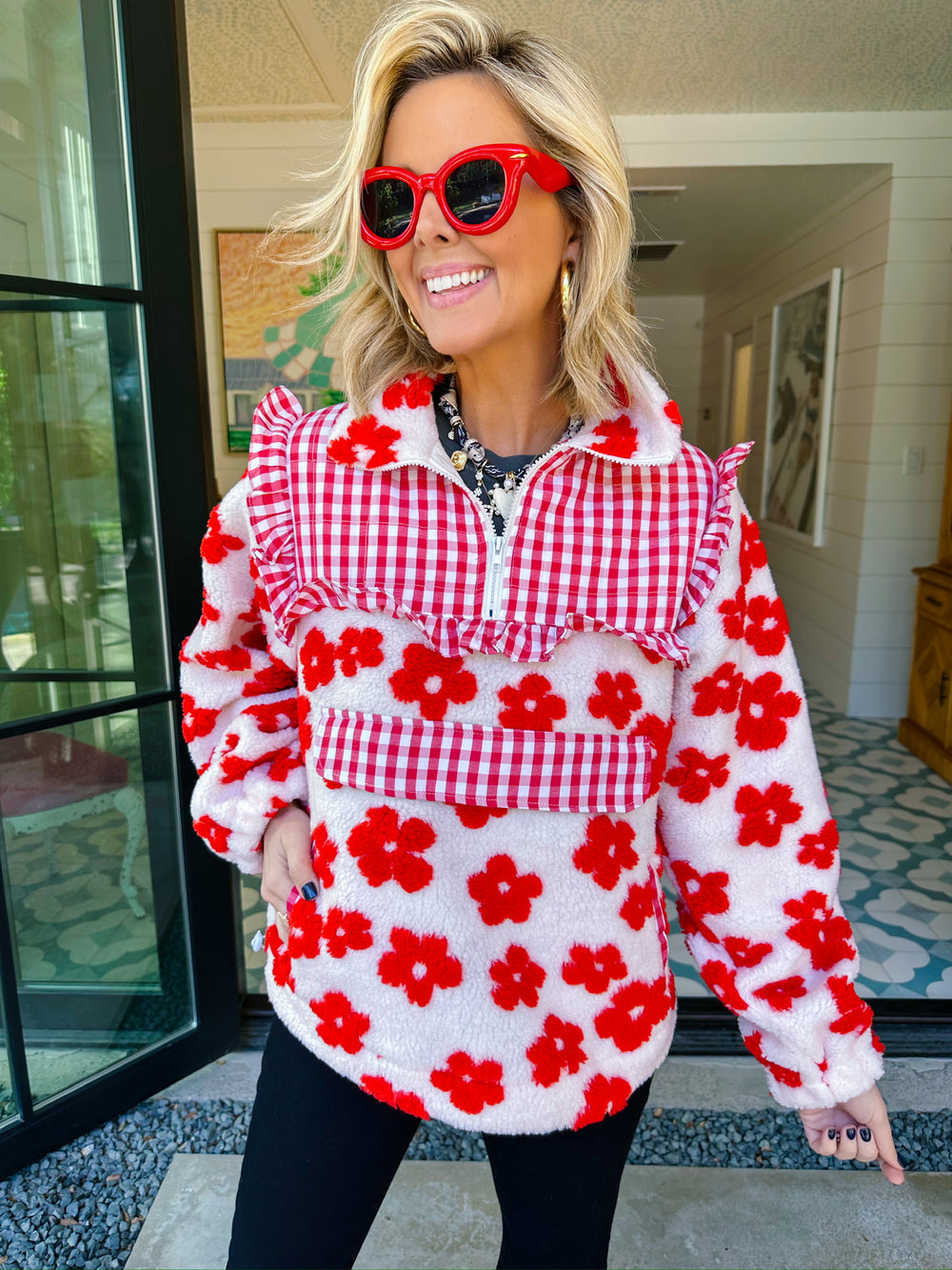 MEADOW MIX GINGHAM QUARTER ZIP JACKET - WHITE/RED