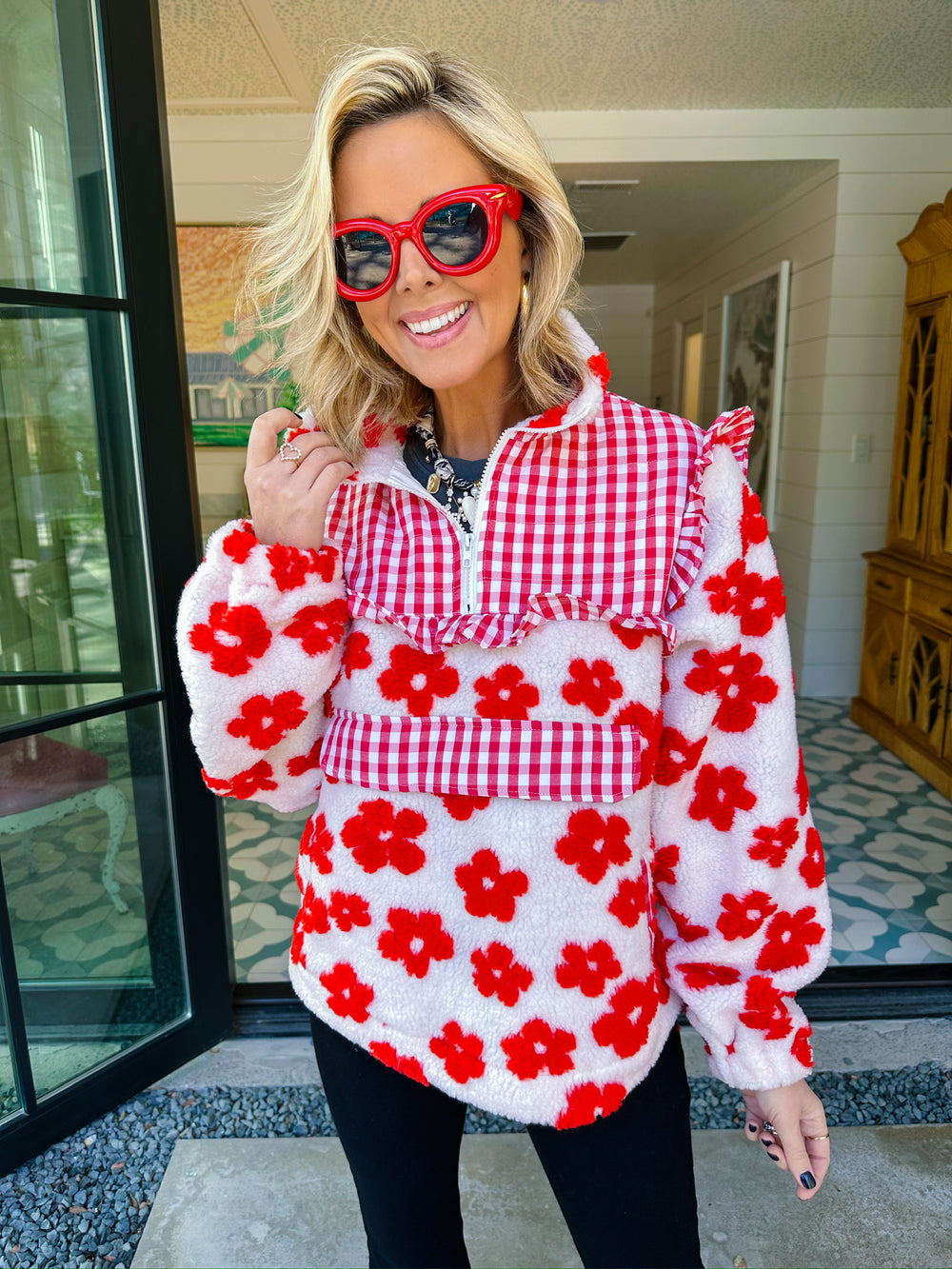 MEADOW MIX GINGHAM QUARTER ZIP JACKET - WHITE/RED