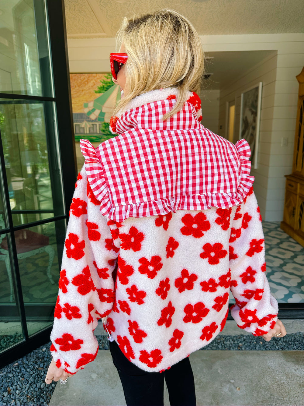 MEADOW MIX GINGHAM QUARTER ZIP JACKET - WHITE/RED