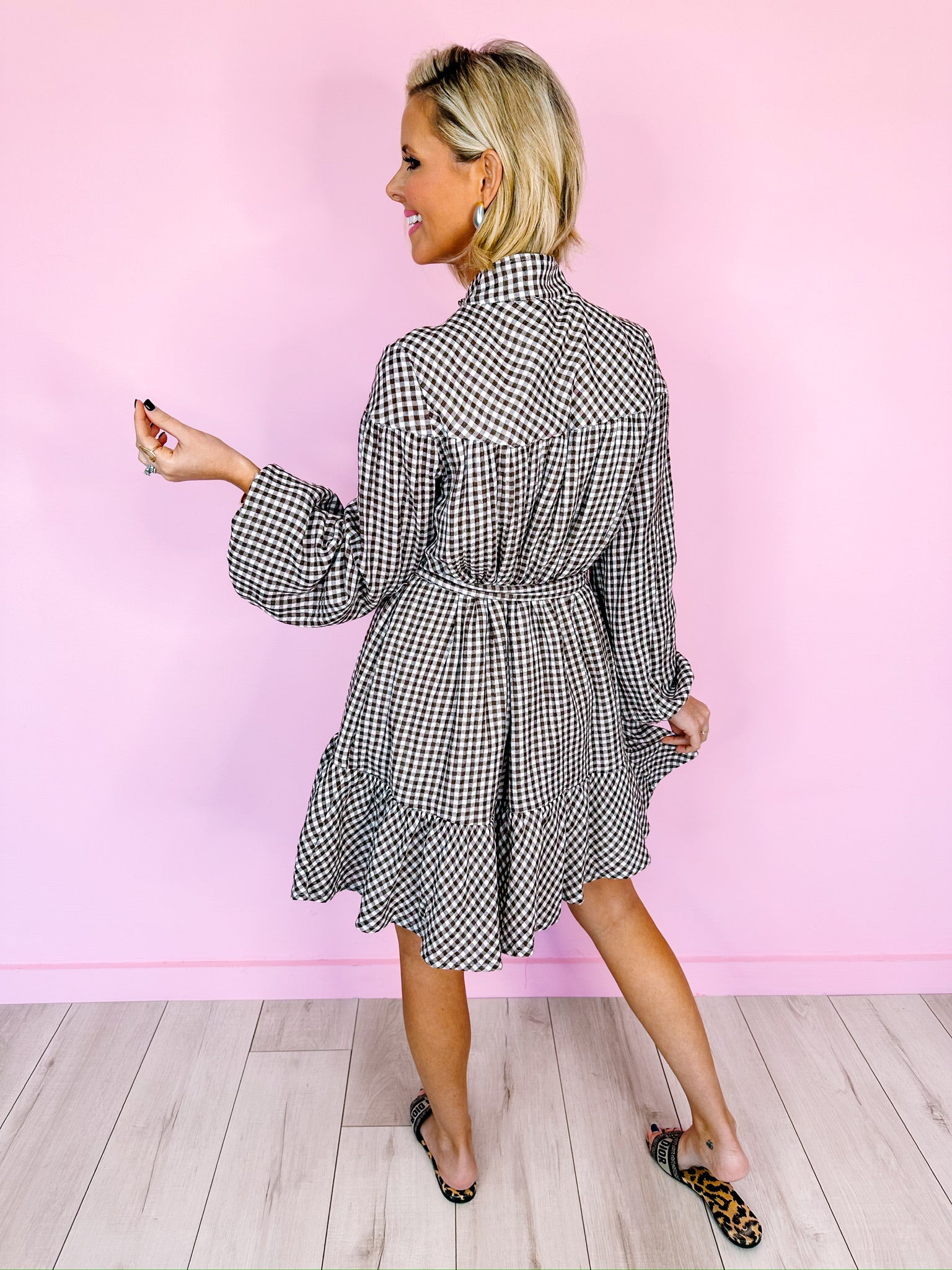 GREAT IDEA GINGHAM BUTTON UP DRESS - BROWN