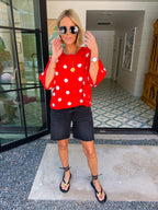 THE STORY BENEATH IT ALL POLKA DOT SHORT SLEEVE CARDIGAN - RED