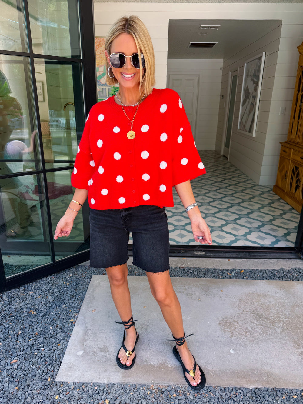 THE STORY BENEATH IT ALL POLKA DOT SHORT SLEEVE CARDIGAN - RED