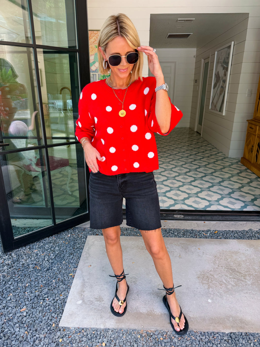 THE STORY BENEATH IT ALL POLKA DOT SHORT SLEEVE CARDIGAN - RED