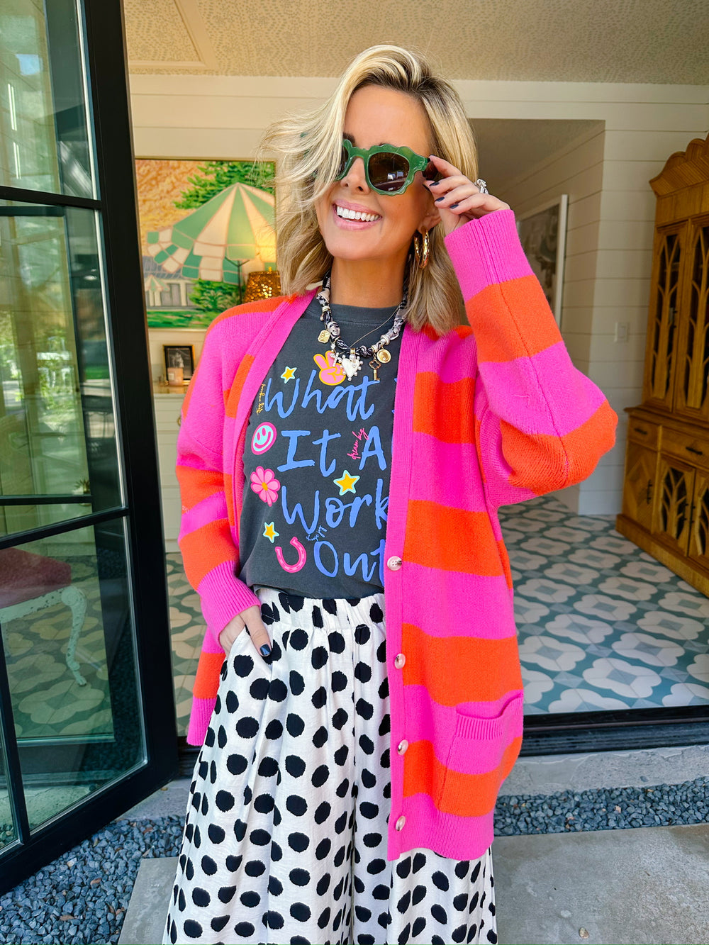 STRAIGHT UP COZY STRIPE CARDIGAN - PINK/ORANGE