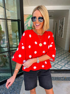 THE STORY BENEATH IT ALL POLKA DOT SHORT SLEEVE CARDIGAN - RED