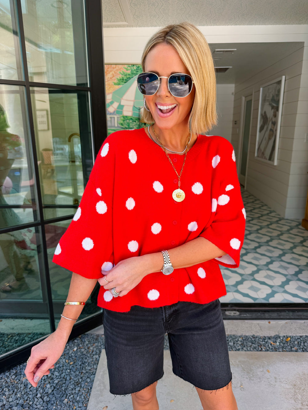 THE STORY BENEATH IT ALL POLKA DOT SHORT SLEEVE CARDIGAN - RED