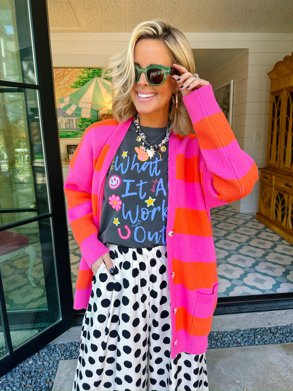 STRAIGHT UP COZY STRIPE CARDIGAN - PINK/ORANGE