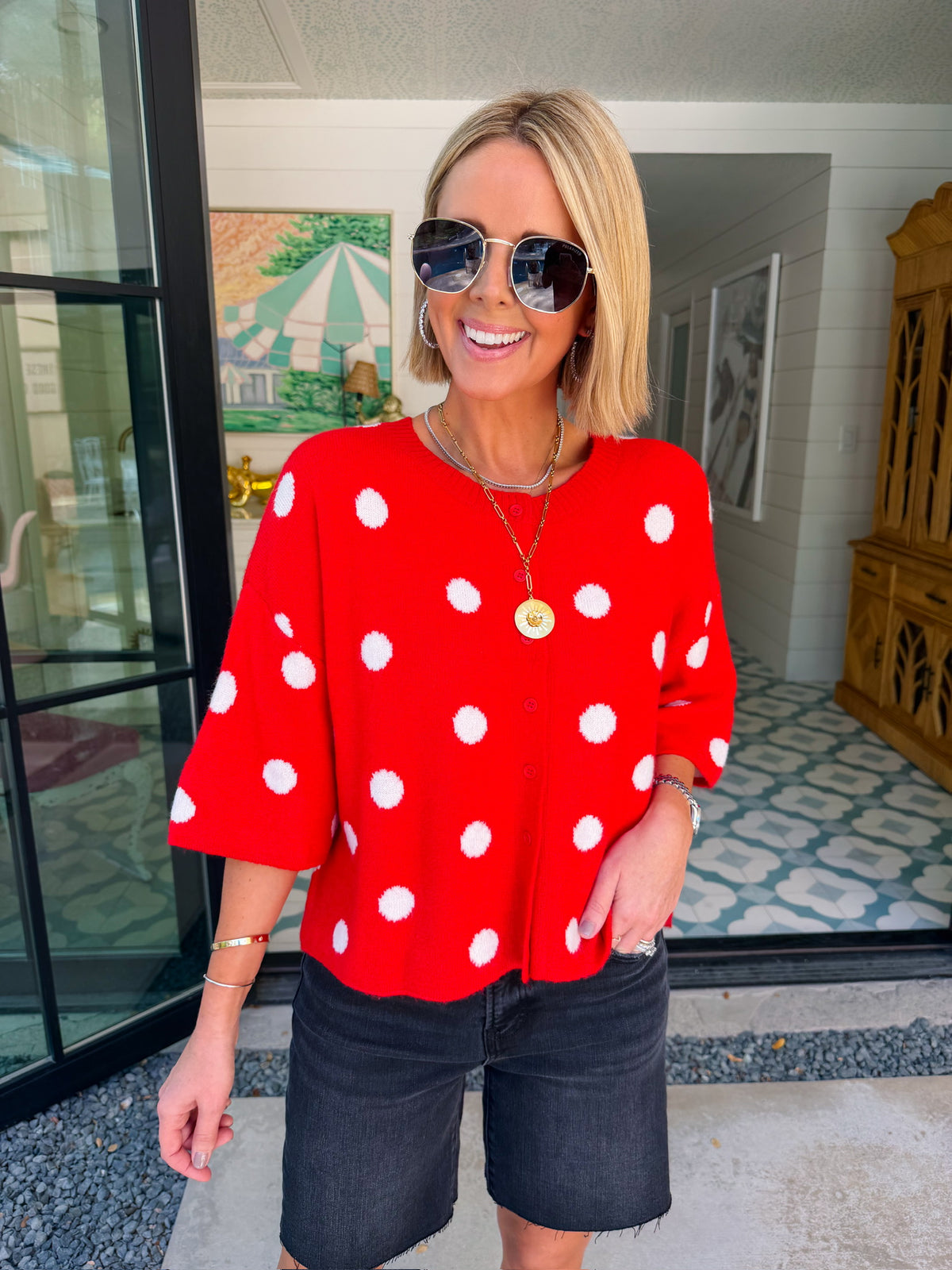 THE STORY BENEATH IT ALL POLKA DOT SHORT SLEEVE CARDIGAN - RED