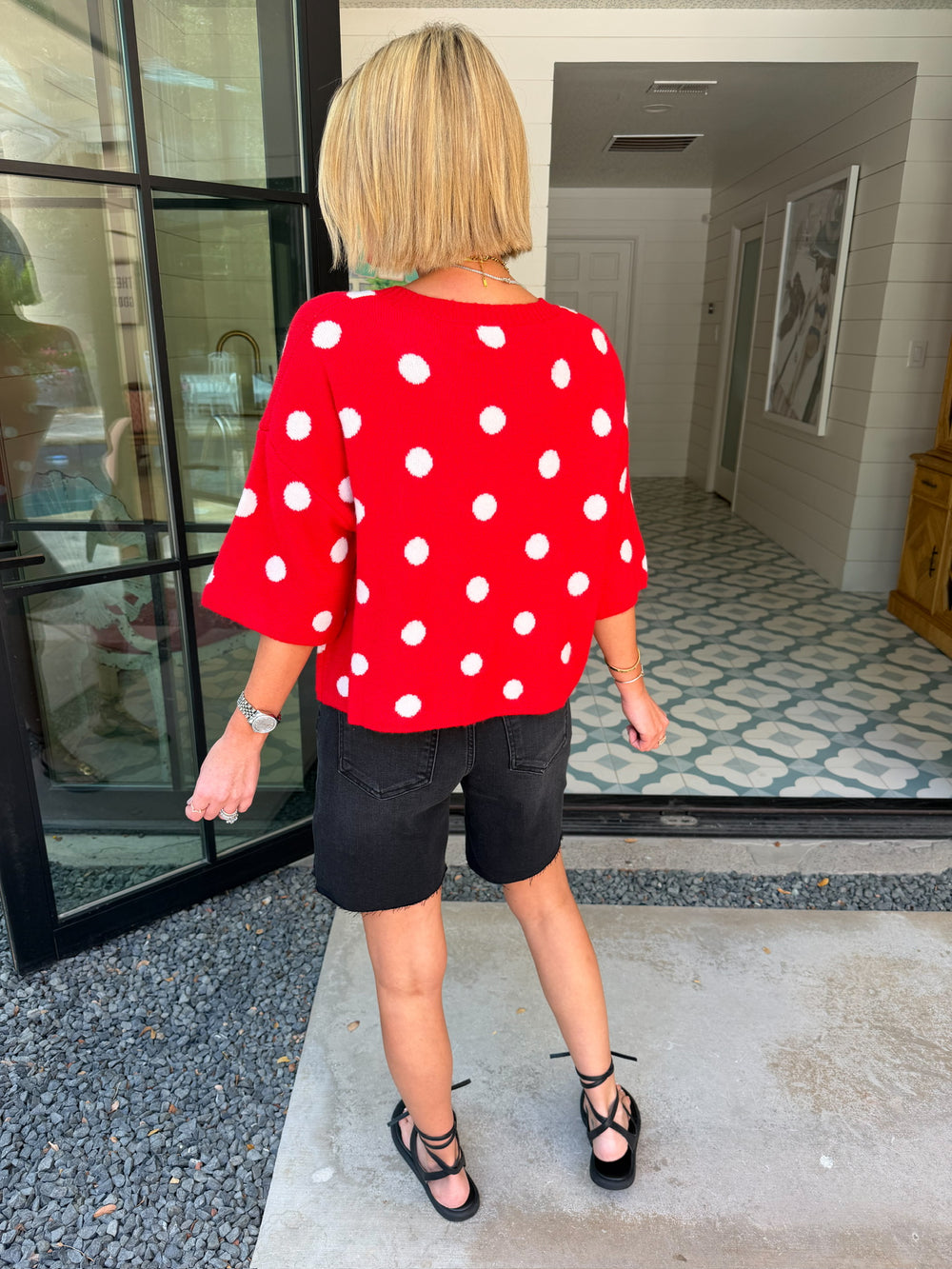 THE STORY BENEATH IT ALL POLKA DOT SHORT SLEEVE CARDIGAN - RED