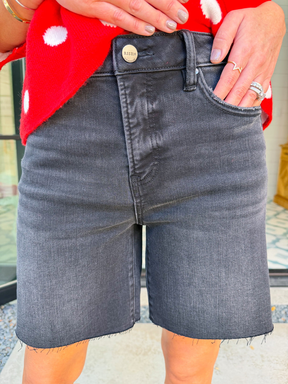 JEN HIGH RISE MID LENGTH DENIM SHORTS - BLACK