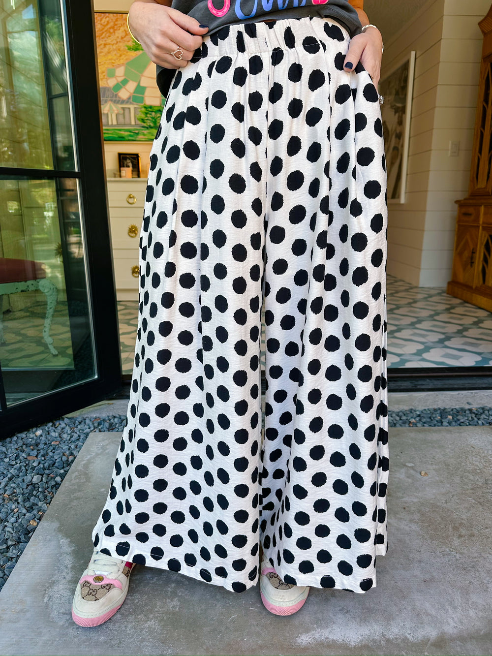 POLKA DOT PARTY WIDE LEG PANTS - BLACK/WHITE