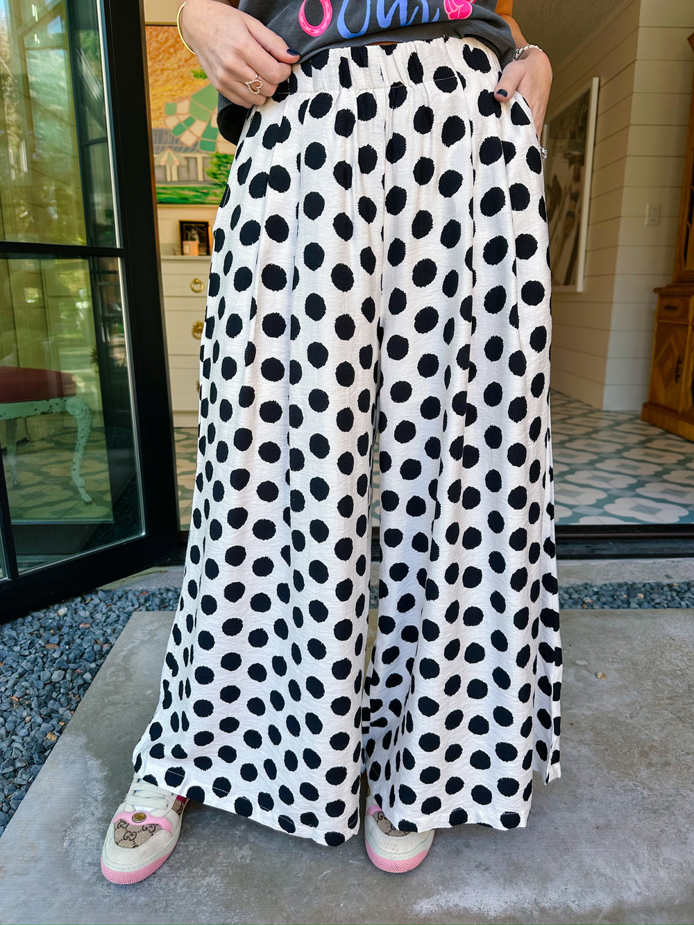 POLKA DOT PARTY WIDE LEG PANTS - BLACK/WHITE