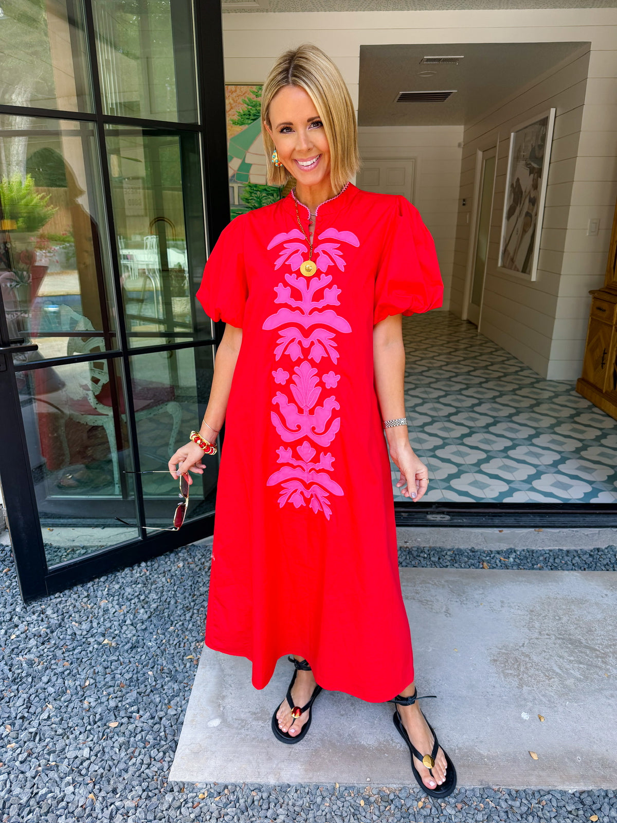 BE YOURSELF APPLIQUE PUFF SLEEVE MIDI DRESS - RED