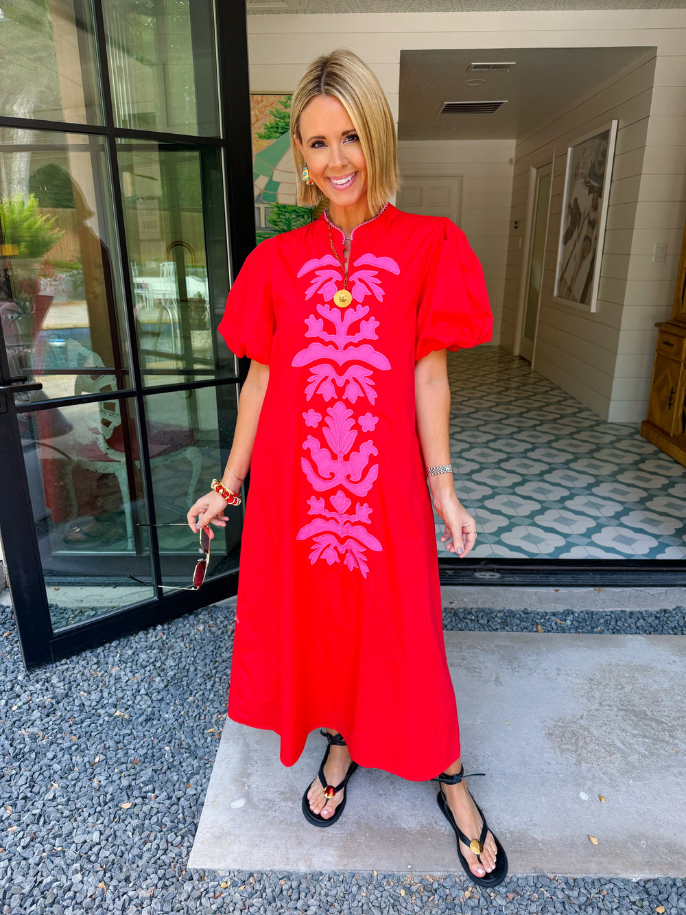 BE YOURSELF APPLIQUE PUFF SLEEVE MIDI DRESS - RED