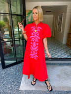 BE YOURSELF APPLIQUE PUFF SLEEVE MIDI DRESS - RED