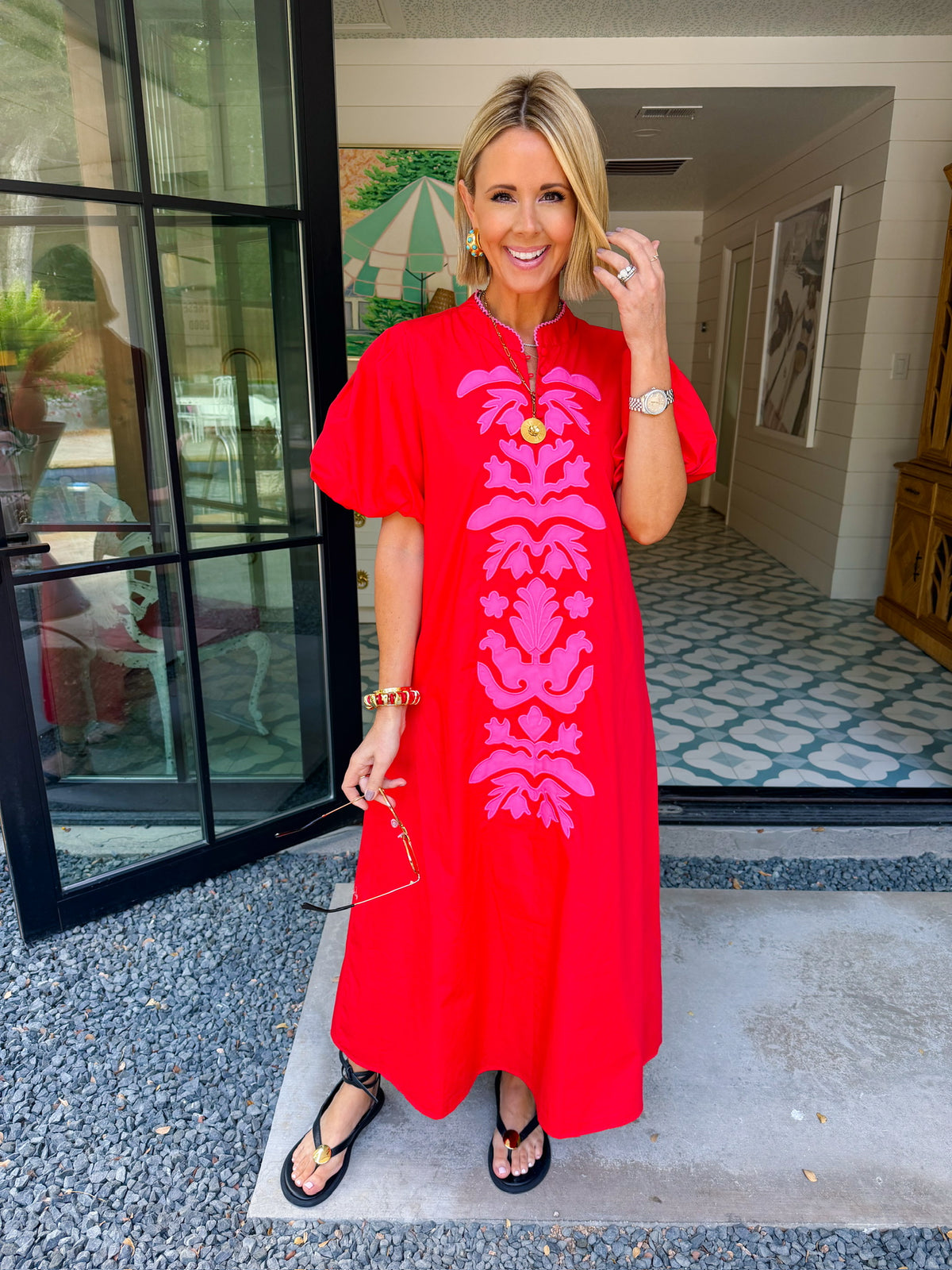 BE YOURSELF APPLIQUE PUFF SLEEVE MIDI DRESS - RED