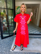 BE YOURSELF APPLIQUE PUFF SLEEVE MIDI DRESS - RED