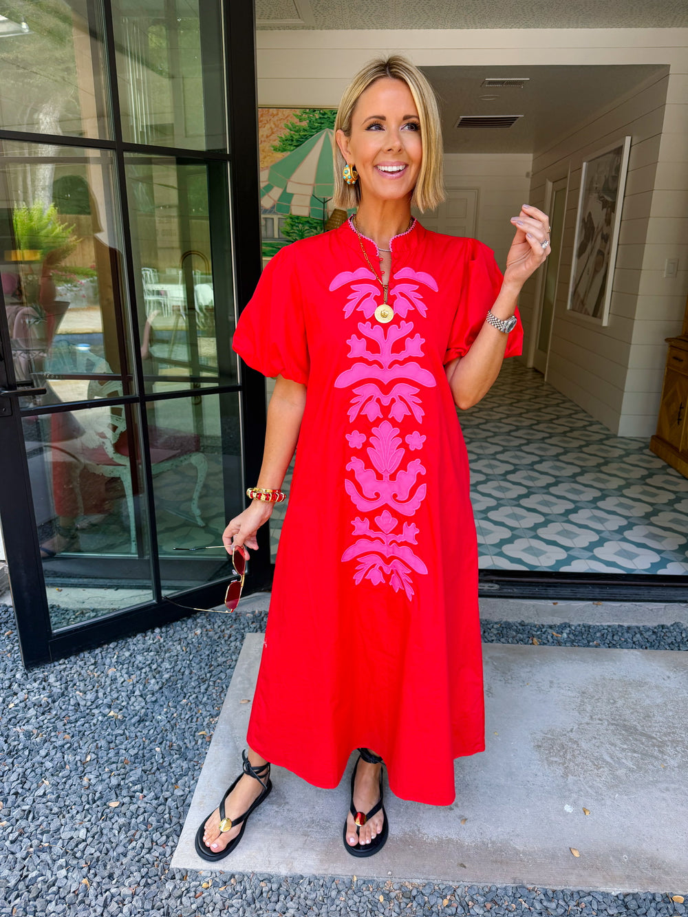 BE YOURSELF APPLIQUE PUFF SLEEVE MIDI DRESS - RED