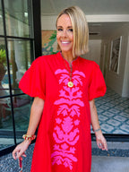 BE YOURSELF APPLIQUE PUFF SLEEVE MIDI DRESS - RED