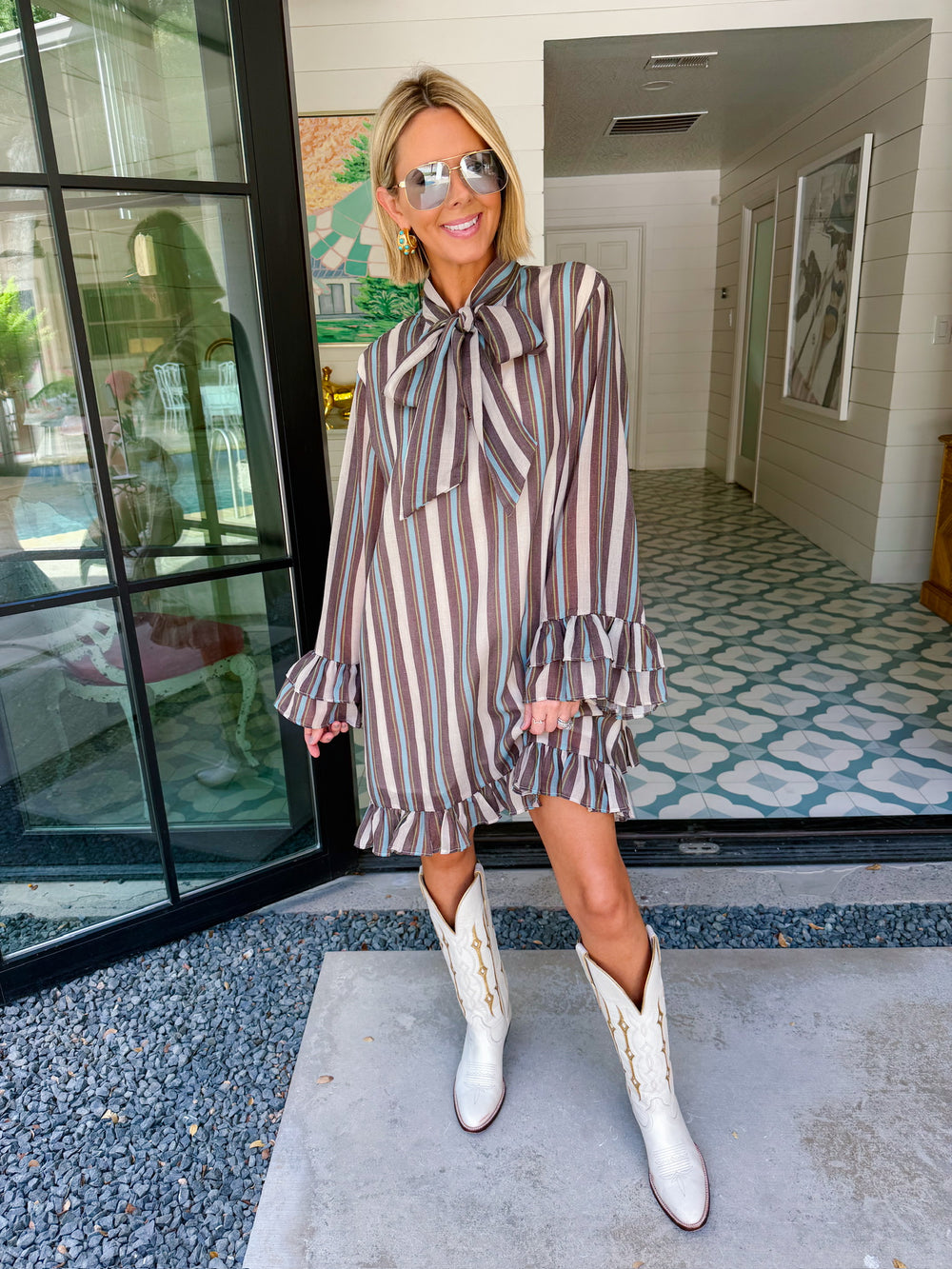 TIE IT ALL TOGETHER STRIPE RUFFLE DRESS