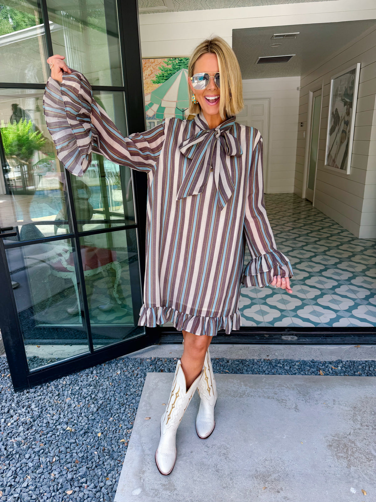 TIE IT ALL TOGETHER STRIPE RUFFLE DRESS