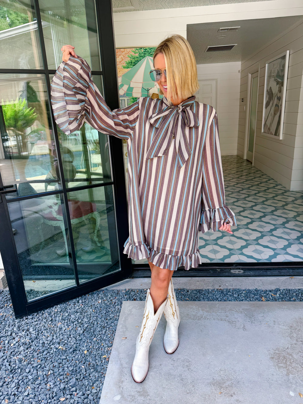 TIE IT ALL TOGETHER STRIPE RUFFLE DRESS