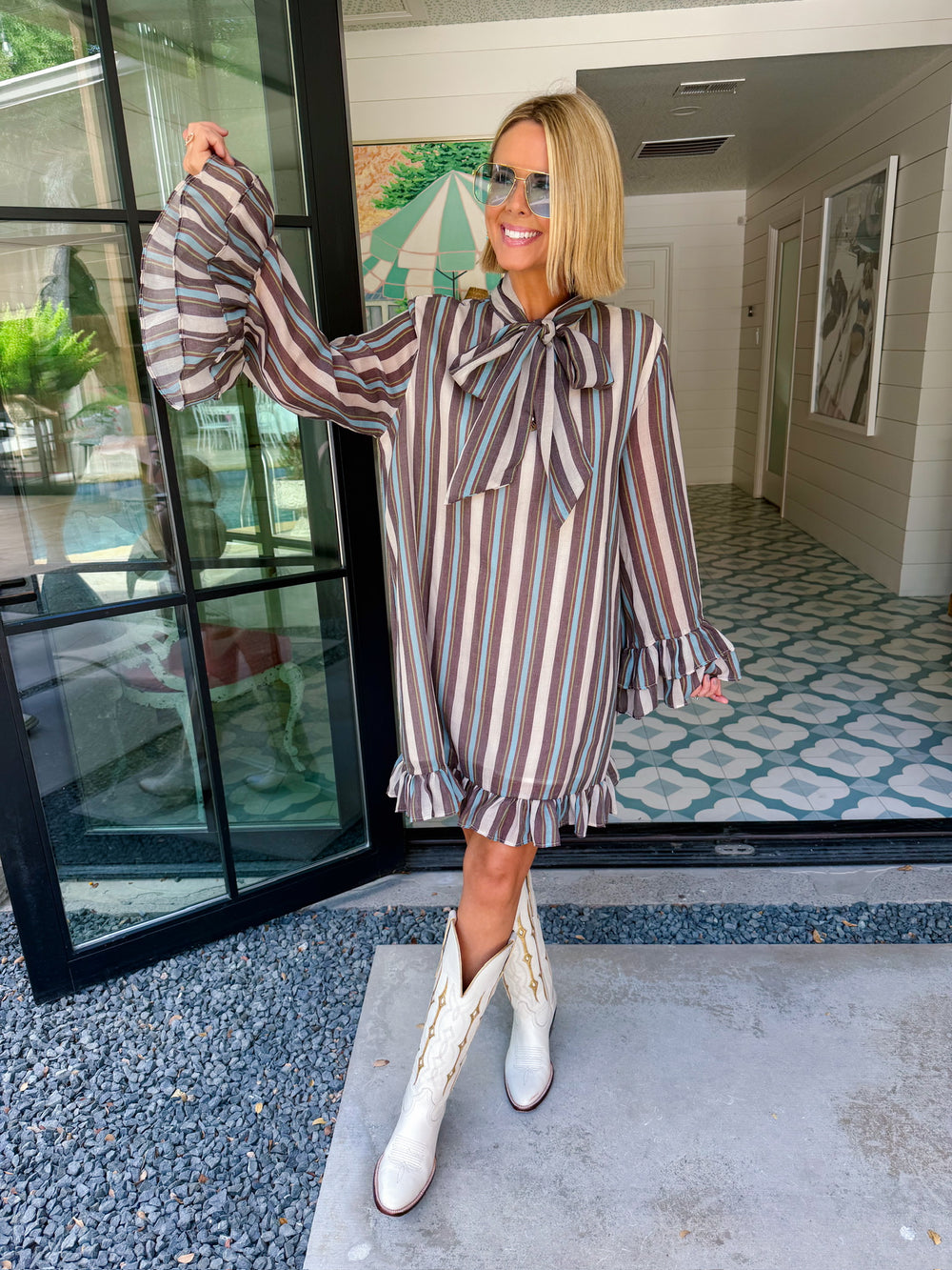 TIE IT ALL TOGETHER STRIPE RUFFLE DRESS