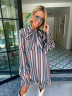 TIE IT ALL TOGETHER STRIPE RUFFLE DRESS
