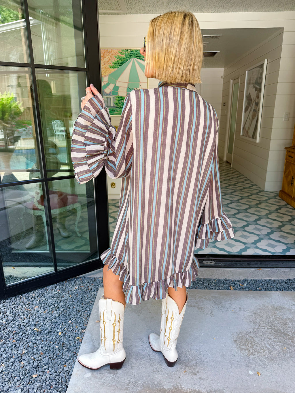 TIE IT ALL TOGETHER STRIPE RUFFLE DRESS