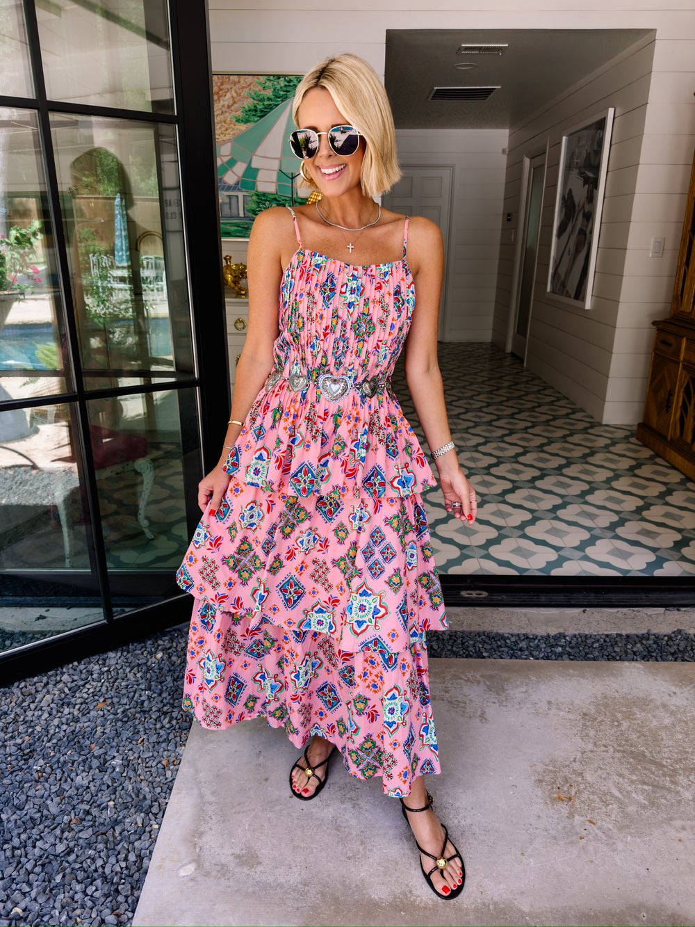 MARISOL MAJOLICA MOSAIC PINTUCK MIDI DRESS - PINK