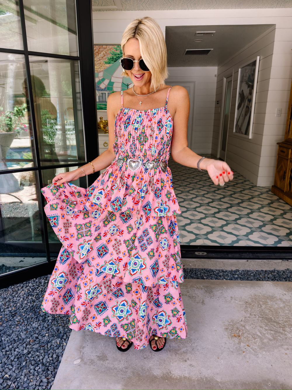MARISOL MAJOLICA MOSAIC PINTUCK MIDI DRESS - PINK