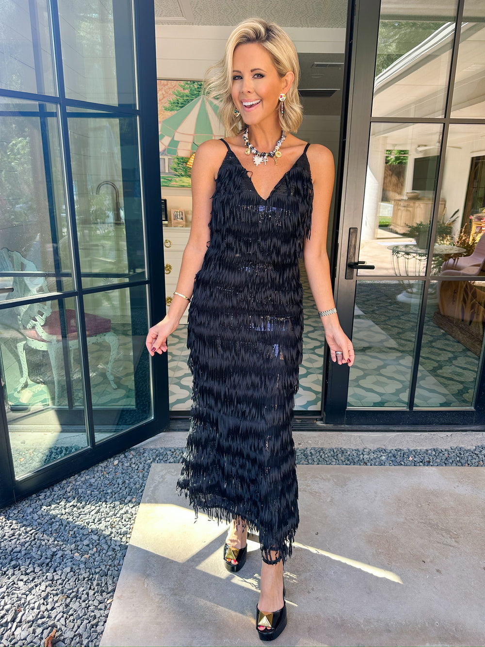 CENTER OF ATTENTION SEQUIN FRINGE MIDI DRESS - BLACK