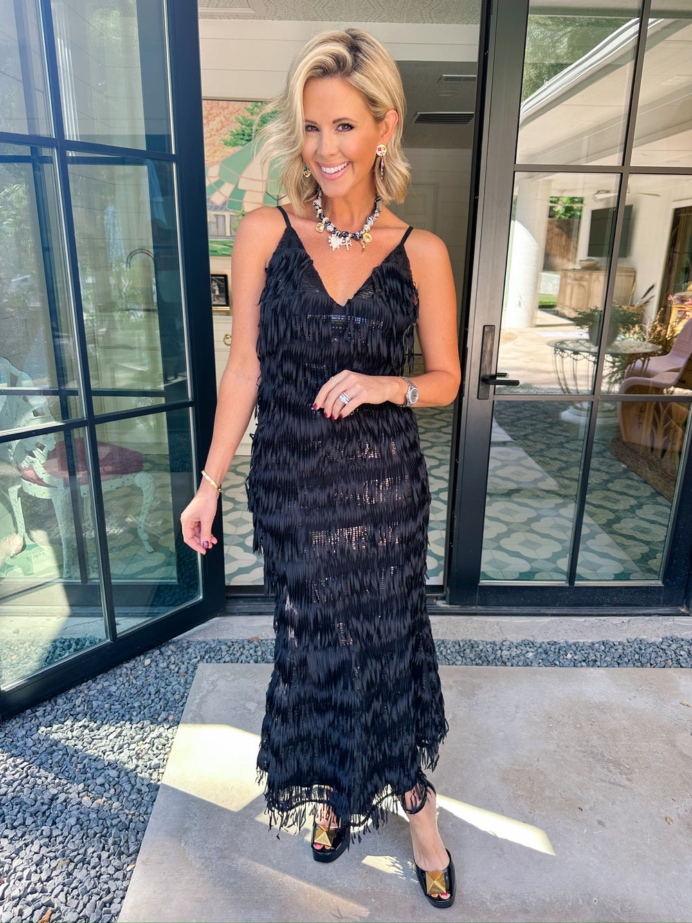 CENTER OF ATTENTION SEQUIN FRINGE MIDI DRESS - BLACK